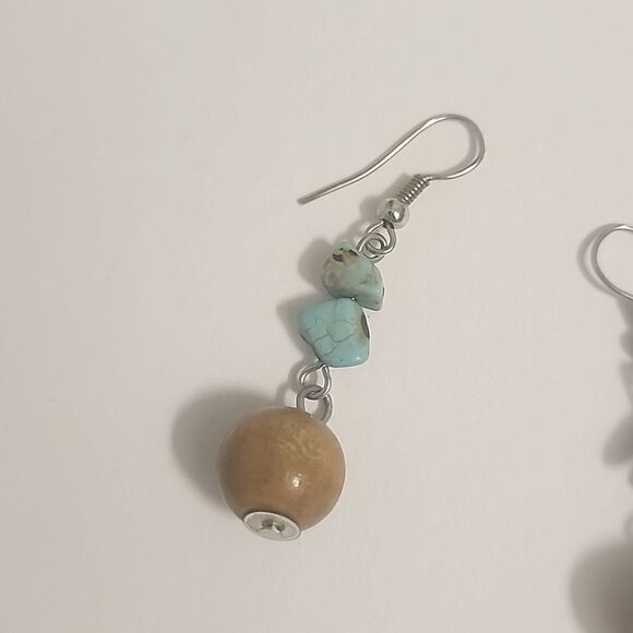 Turquoise Stack Dangle Drop Earrings Brown Blue Beaded - Picture 2 of 3